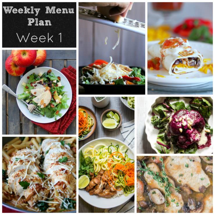 Weekly-Menu-Plan-Week-1 features a one pot spinach pasta, chicken bahn mi rice bowl, skillet pork marsala, smashed beets with goat cheese, chicken fajita lunch bowls, crispy black bean burritos, and a summer salad with roasted apple vinaigrette. YUM!