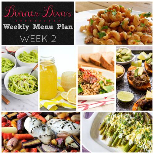 Weekly-Menu-Plan-Week-2 brings all of the freshness of spring with tender asparagus, pasta with spinach pesto, an Instant Pot pork stuffed sweet potatoes, a lovely casserole, an easy sheet pan dinner with chicken and vegetables, and a thirst quenching lemonade. Bring on the yummy!
