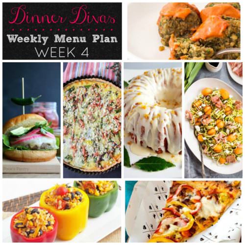 Weekly-Menu-Plan-Week-4 serves up a gorgeous tart with ham and goat cheese, a pork burger with chiles, spicy baked falafel, vegetarian stuffed peppers, pickled peppers on a pizza, zucchini noodle salad with prosciutto and melon, with a glorious pound cake for dessert. You won't want to miss this menu!
