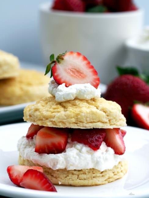 The-Best-Strawberry-Shortcake layers lightly sweetened whipped cream between sweet and buttery biscuits, and top it with sweet, ripe strawberries for a classic summer time dessert.
