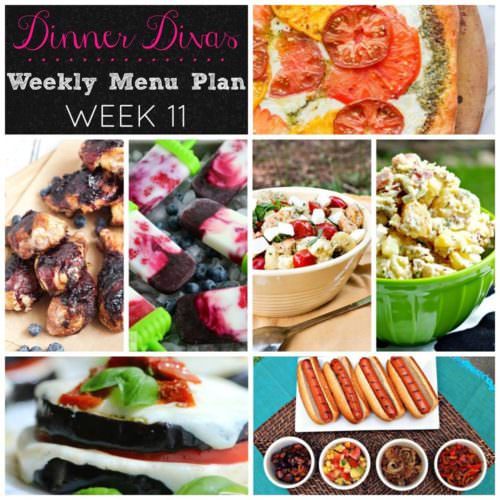Weekly-Menu-Plan Week 11 is all about the Red, White, and Blue--featuring fun twists on American favorites. Hot dogs dressed in gourmet toppings, caprese meets tortellini and egg plant, heirloom pizza, bacon potato salad, and patriotic fruit and yogurt popsicles.
