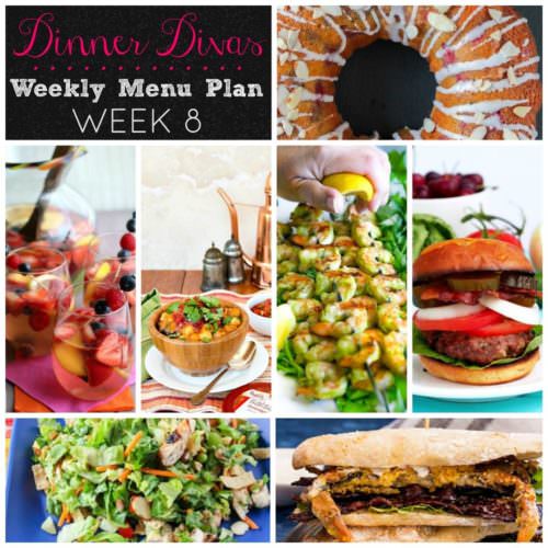 Weekly-Menu-Plan Week 8 is full fresh summer recipes as chopped chicken salad, lemon shrimp, vegan chili, crab, and a burger that'll knock your socks off!