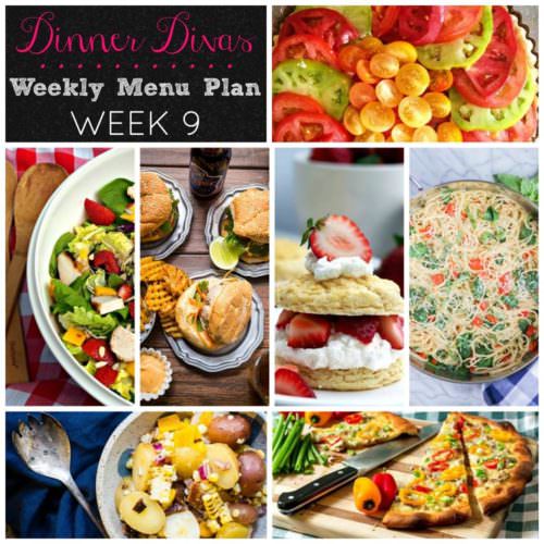 Weekly-Menu-Plan-Week-9 is chock full of delicious with fancy pork burgers, one pot pasta, a fresh vegetarian tart, grilled chicken salad, an easy pizza, potato salad, and fresh strawberries in a favorite seasonal dessert. 