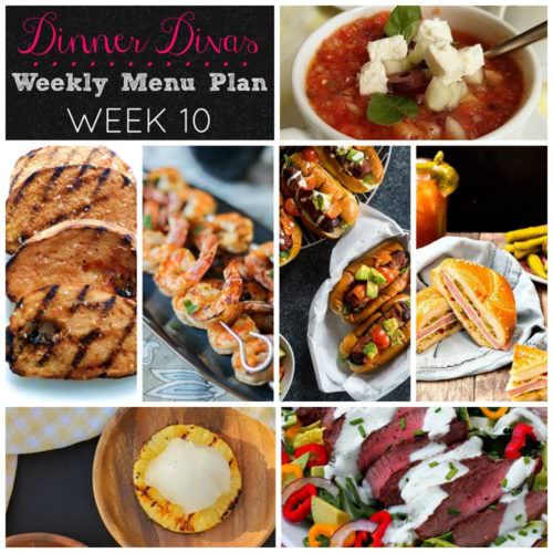 Weekly-Menu-Plan Week 10 is all about beating the heat by grilling All the Things! In addition to a fab steak salad and fancy-dancy hot dogs, we're serving up grilled pineapple, vegetables, and shrimp on the barbie! 
