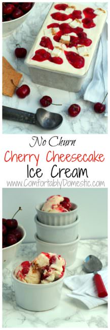No-Churn-Cherry-Cheesecake-Ice-Cream is a decadent cheesecake ice cream studded with bites of real cheese cake and tart cherry pie filling. No ice cream machine required! This creamy, scoop-able ice cream base comes together in quickly with a whisk.