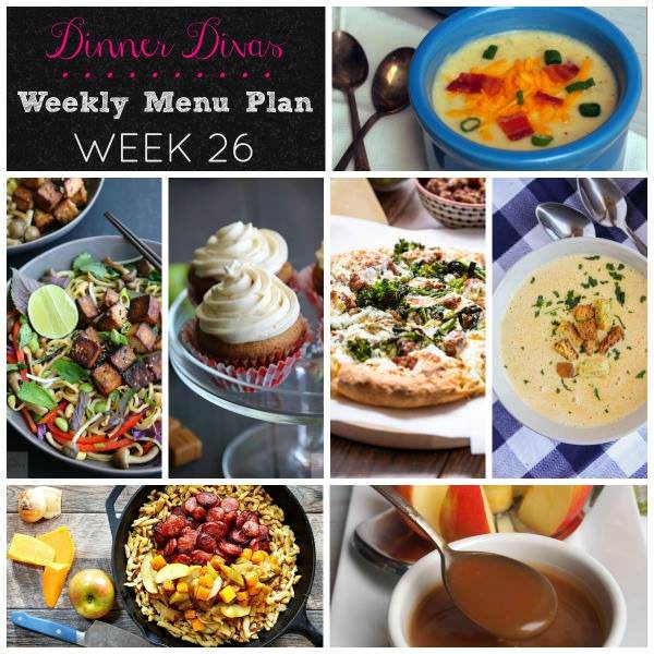 Weekly-Menu-Plan Week 26 ushers in the comfort food season with seasonal soups, vegetables, a vegan stir fry, and plenty of gooey caramel for dessert. 