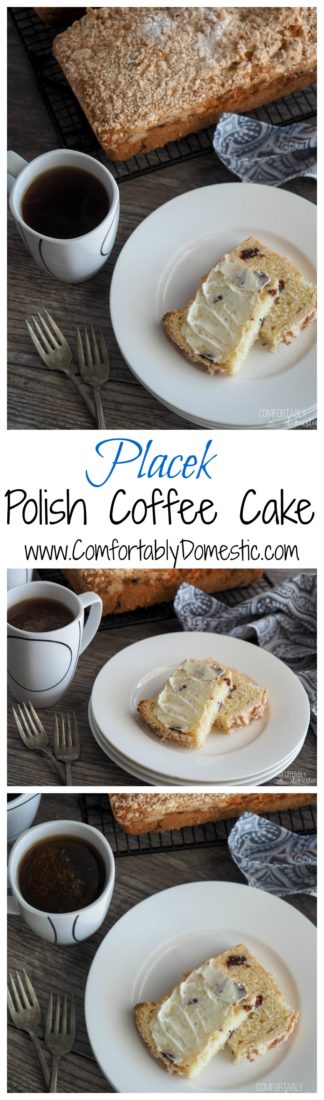 Polish-Coffee-Cake, a.k.a. "Placek" is lightly sweet bread studded with dried fruit and a sugary topping. Traditionally made in 3's to represent the Holy Trinity at Easter time.