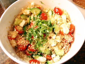 Greek quinoa salad is a fresh, light side dish, packed with wholesome quinoa, fresh cucumbers, grape tomatoes, mint, and feta cheese. | ComfortablyDomestic.com