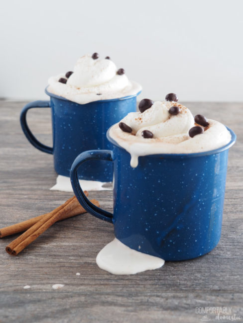 Two blue enamelware mugs of prepared Mayan Hot Cocoa Mix with whipped cream, freshly grated cinnamon, and chocolate covered cacao nibs sprinkled on top.