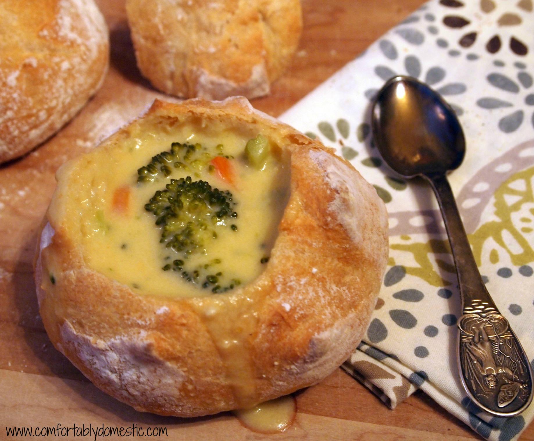 Broccoli Cheddar Soup With Artisan Bread Bowls Comfortably Domestic