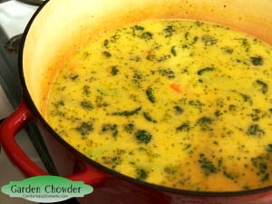 Garden vegetable chowder is thick, creamy soup full of vegetables and cheesy goodness. It will warm your heart and comfort your soul. Get the easy recipe on ComfortablyDomestic.com