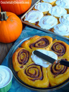 Pumpkin cinnamon rolls usher in the cool comfort of autumn any time of the year. Piping hot, and just dripping with cream cheese icing.