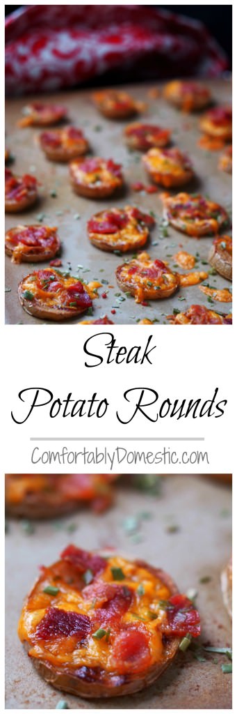 Steak potato rounds have the taste of a loaded baked potato in a two-bite appetizer. Bake sliced yellow potato rounds to tender perfection, then smother them with steak sauce, aged cheddar cheese, crisp bacon, and chives.  | ComfortablyDomestic.com