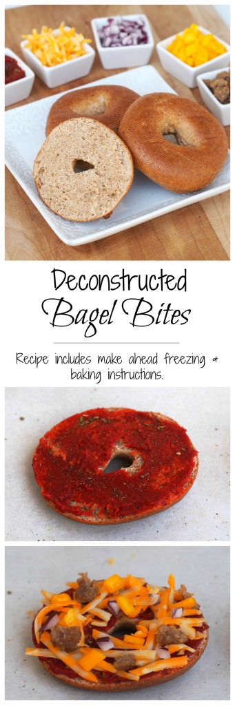 Copy Cat Bagel Bites - Whole grain bagels topped with wholesome toppings like cheddar-jack cheese, lean turkey sausage, and a mix of vegetables for a fun and balanced lunch. Bagel Bites may also be assembled ahead and frozen for a quick after school snack. | ComfortablyDomestic.com