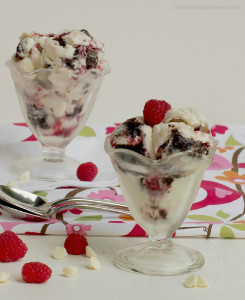 White Chocolate Raspberry Brownie Ice Cream - White chocolate flavored ice cream, swirled with tangy raspberry ribbons and chunks of fudge brownies makes this delicious frozen treat. | Comfortably Domestic