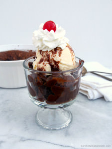 Hot Fudge Cake- Rich chocolate cake that makes a warm, decadent fudge sauce as it bakes. Hot Fudge Cake is a sundae waiting to happen—just add ice cream! | ComfortablyDomestic.com