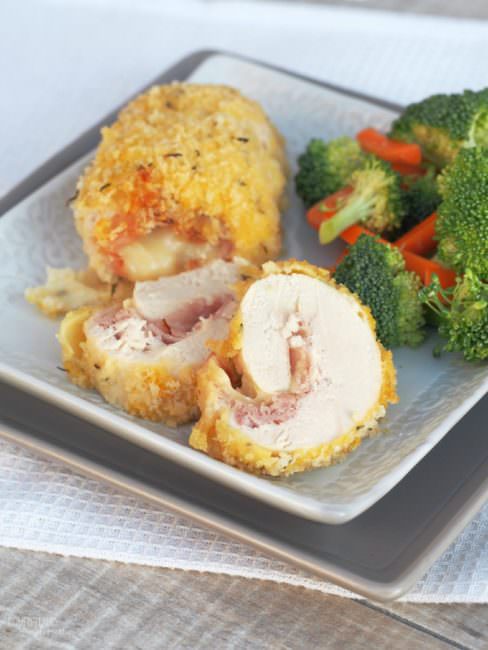 Chicken-Cordon-Bleu is a simple yet elegant weeknight dinner of tender breaded chicken rolled around ham and cheese.