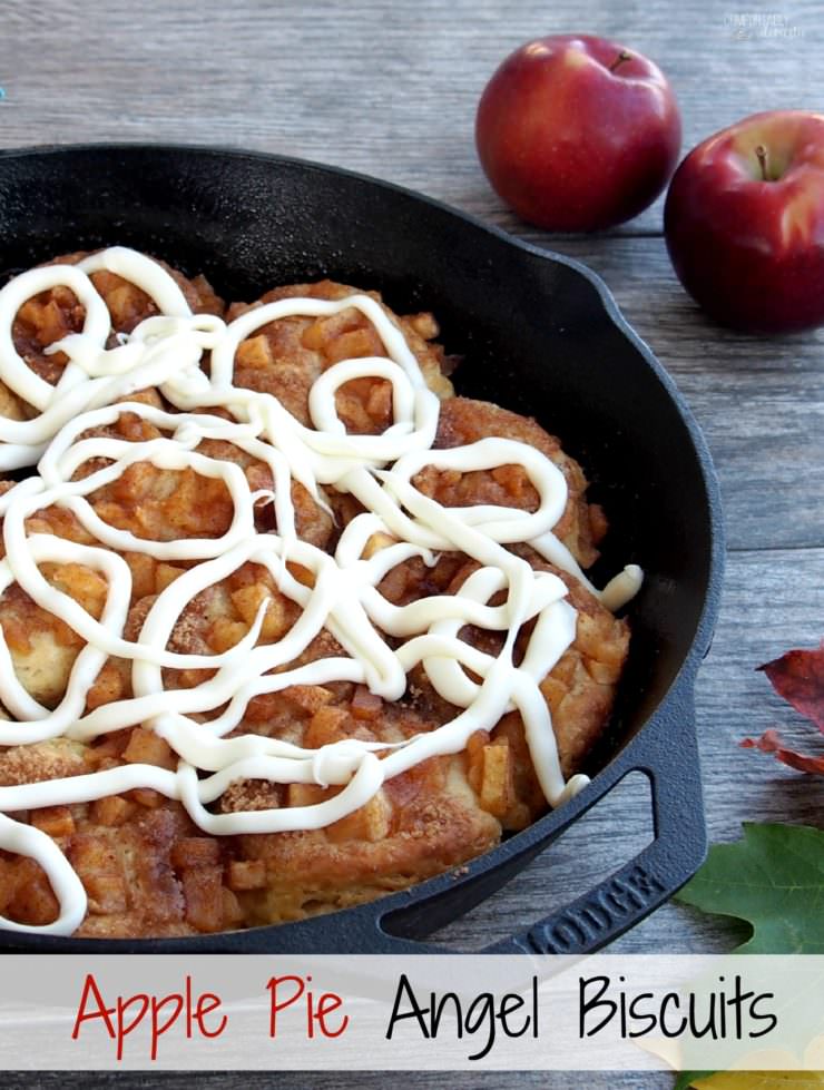 Apple-Pie-Angel-Biscuits are southern style biscuits baked in a cast iron skillet and topped with cinnamon apple pie filling and elegant drizzle of gooey cream cheese icing.
