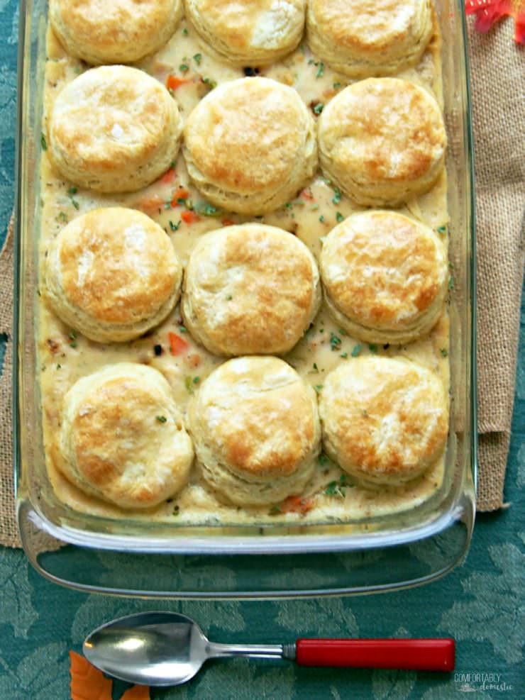 Turkey-Biscuit-Casserole is a delicious dish that makes great use of leftover turkey or chicken. The creamy casserole features an easy homemade sauce that is studded with vegetables and topped with golden, buttery biscuits.