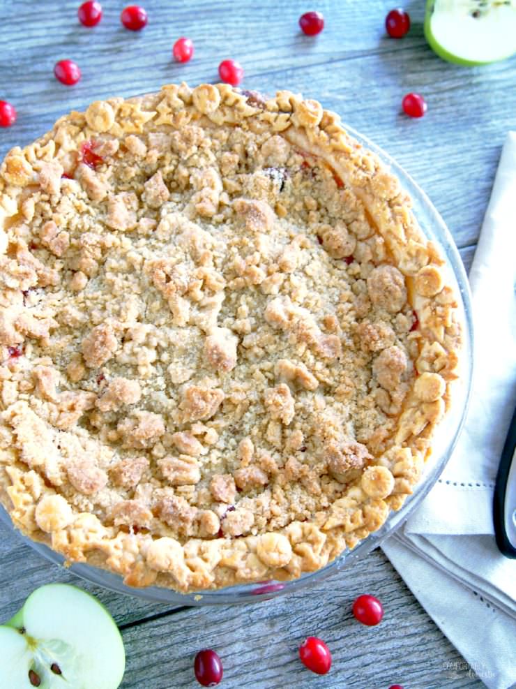Cranberry-Apple-Crumb-Pie marries sweet apples with tangy fresh cranberries and a crunchy crumble topping for a festive pie that’s full of bright flavor. 