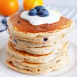 Blueberry-Protein-Pancakes are a thick and fluffy pancakes filled with sweet blueberries and an extra boost of protein and omega 3 for a healthy, delicious breakfast that you can feel good about. This easy recipe comes together in 5 minutes in a blender, and includes a gluten free option!