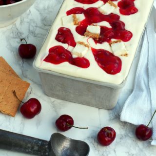 No-Churn-Cherry-Cheesecake-Ice-Cream is a decadent cheesecake ice cream studded with bites of real cheese cake and tart cherry pie filling. No ice cream machine required! This creamy, scoop-able ice cream base comes together in quickly with a whisk.