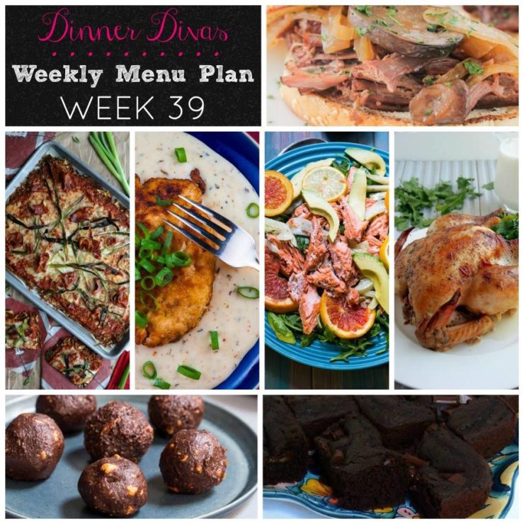 Weekly-Menu-Plan-Week-39 slow roasts and braises a variety of dishes for well rounded, comforting week of dinners. As always, dessert is included! This week it's chocolate--one decadent and the other on the healthy side. 