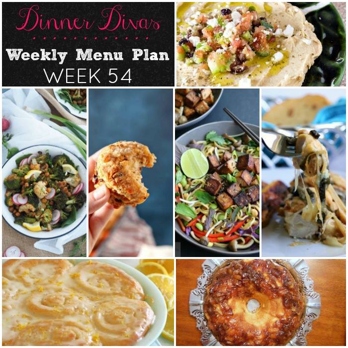 Weekly-Menu-Plan-Week-54 brings several satisfying vegetarian dinners to the table, along with loaded biscuits, a chicken dish that'll set your world on fire, and two fruity desserts for the weekend. 
