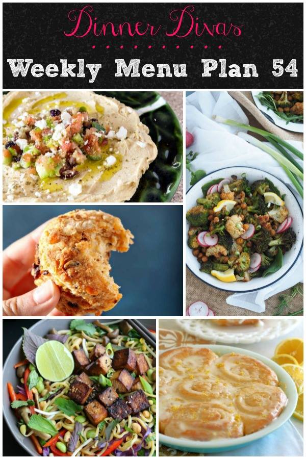 Weekly-Menu-Plan-Week-54 brings several satisfying vegetarian dinners to the table, along with loaded biscuits, a chicken dish that'll set your world on fire, and two fruity desserts for the weekend. 