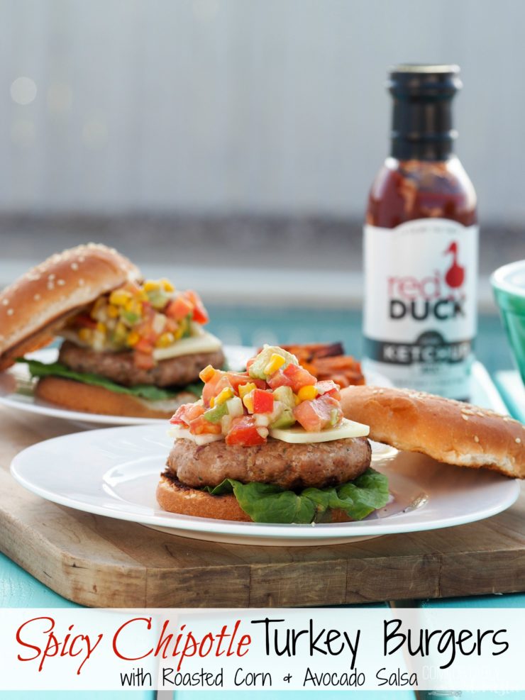 Spicy-Chipotle-Turkey-Burgers marry lean ground turkey with the smoky heat of chipotle peppers and spices. The Roasted Corn and Avocado Salsa adds the perfect amount of sass to this for a healthy, flavorful burger.