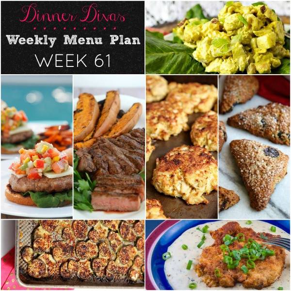 Weekly-Menu-Plan Week 61 is bringing on the freshness of summer with zesty crab cakes, grilled steak and sweet potatoes, a spicy grilled turkey burger and so much more!