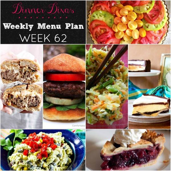 Weekly-Menu-Plan Week 62 celebrates all that summer has to offer with heirloom tomatoes, great burgers, a pack-able pasta salad, chicken salad, and TWO types of pie!