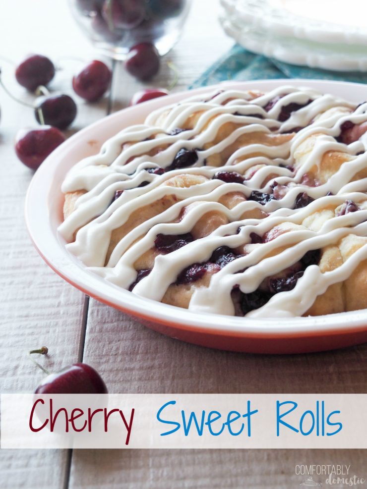 Cherry-Sweet-Rolls are sliced, soft sweet bread rolled into pinwheels with a tangy cherry filling and topped with a creamy icing. 