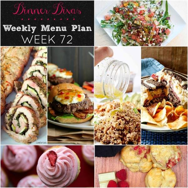 Weekly-Menu-Plan-Week-72 is full of summery goodness with a pepper jelly topped burger, an herbaceous pork roulade, a fab Reuben, and All of the Fruity salads and dessert! You're not going to want to miss this delicious week!