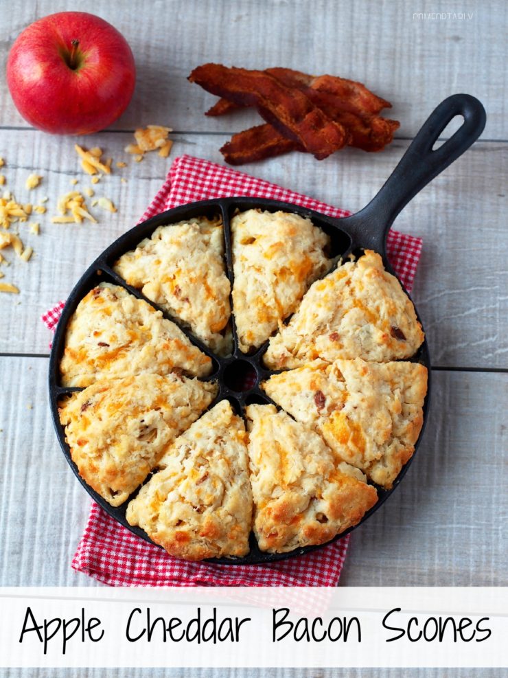 Apple Cheddar Bacon Scones baked in a cast iron scone pan.