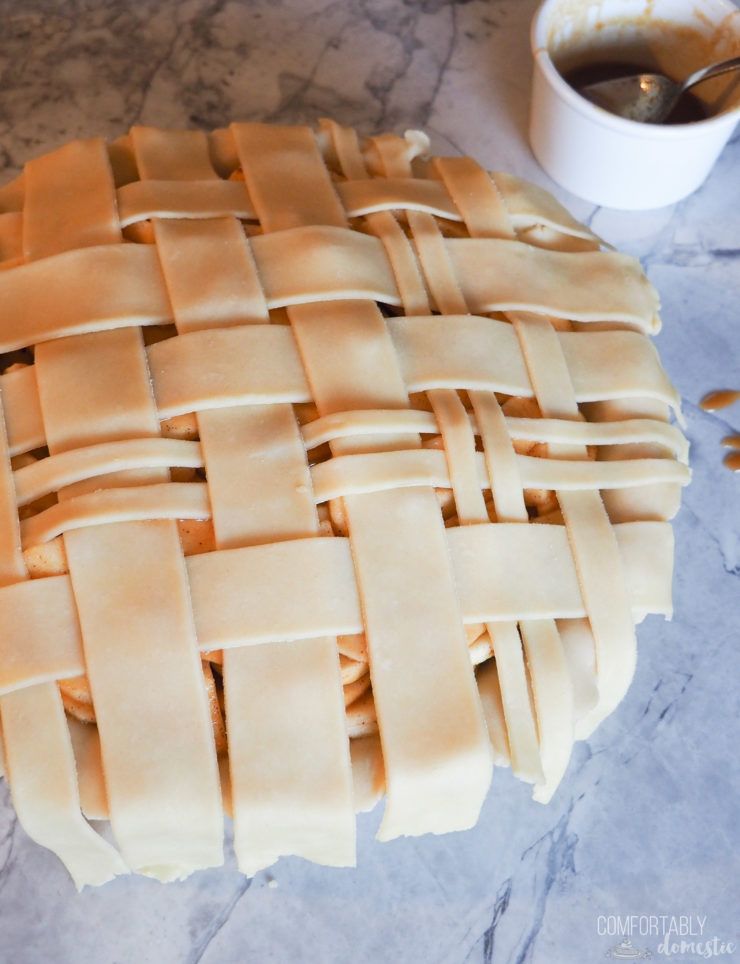 A lattice top pie crust woven to look like plaid.