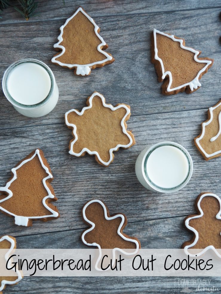 Gingerbread shaped cut out cookies outlined in white icing. 