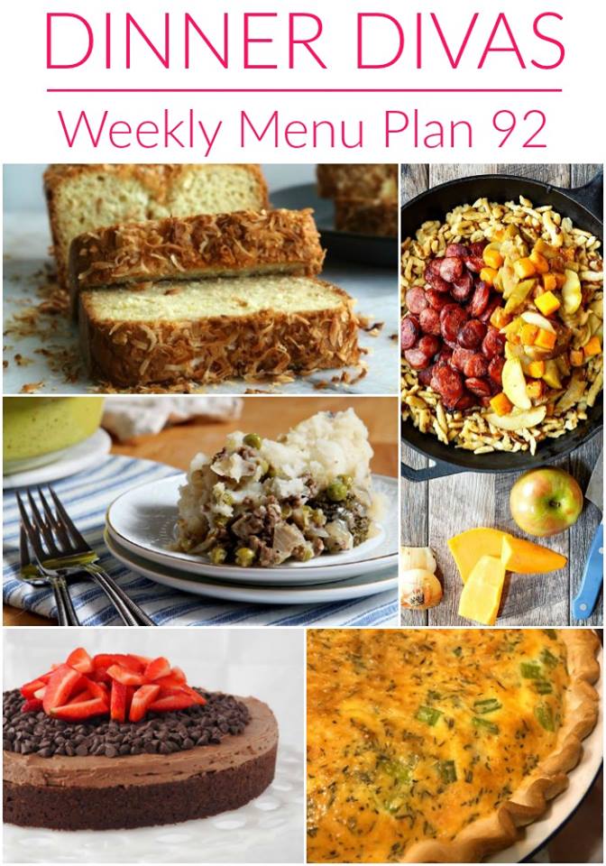 Weekly Menu Plan 92 collage of dinners and dessert.