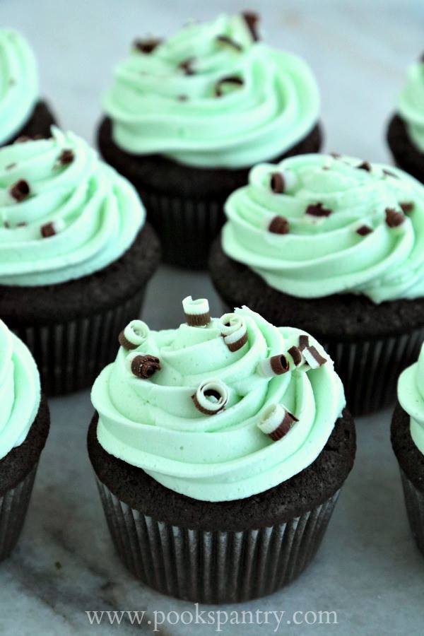Several chocolate cupcakes with green mint frosting and chocolate curls.