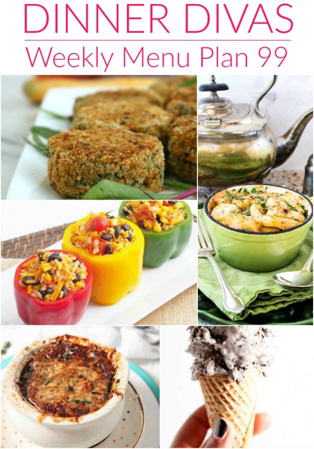 Collage of dinners for menu plan 99. Weekly Menu Plan 99 is full of warm soup, stew, lighter comfort favorites, and a couple of vegetarian choices so suit every taste. As always, the desserts are lovingly decadent! 