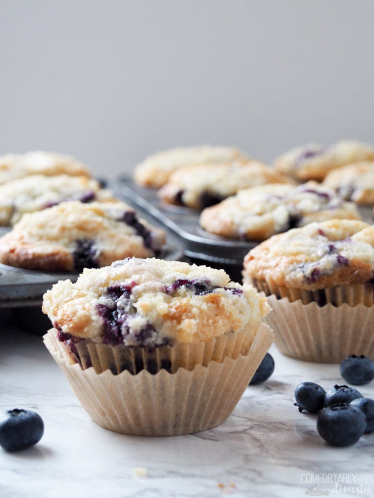 close up of bakery style blueberry muffins with crunchy struesel topping.