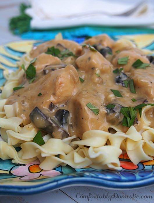 Creamy chicken stroganoff served on a bed of egg noodles on a colorful plate. 