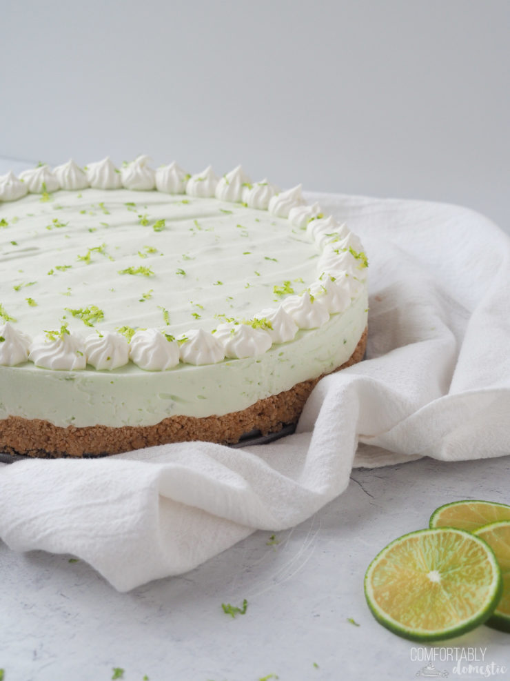 A touch of lime gelatin gives added stability to the no bake key lime cheesecake.